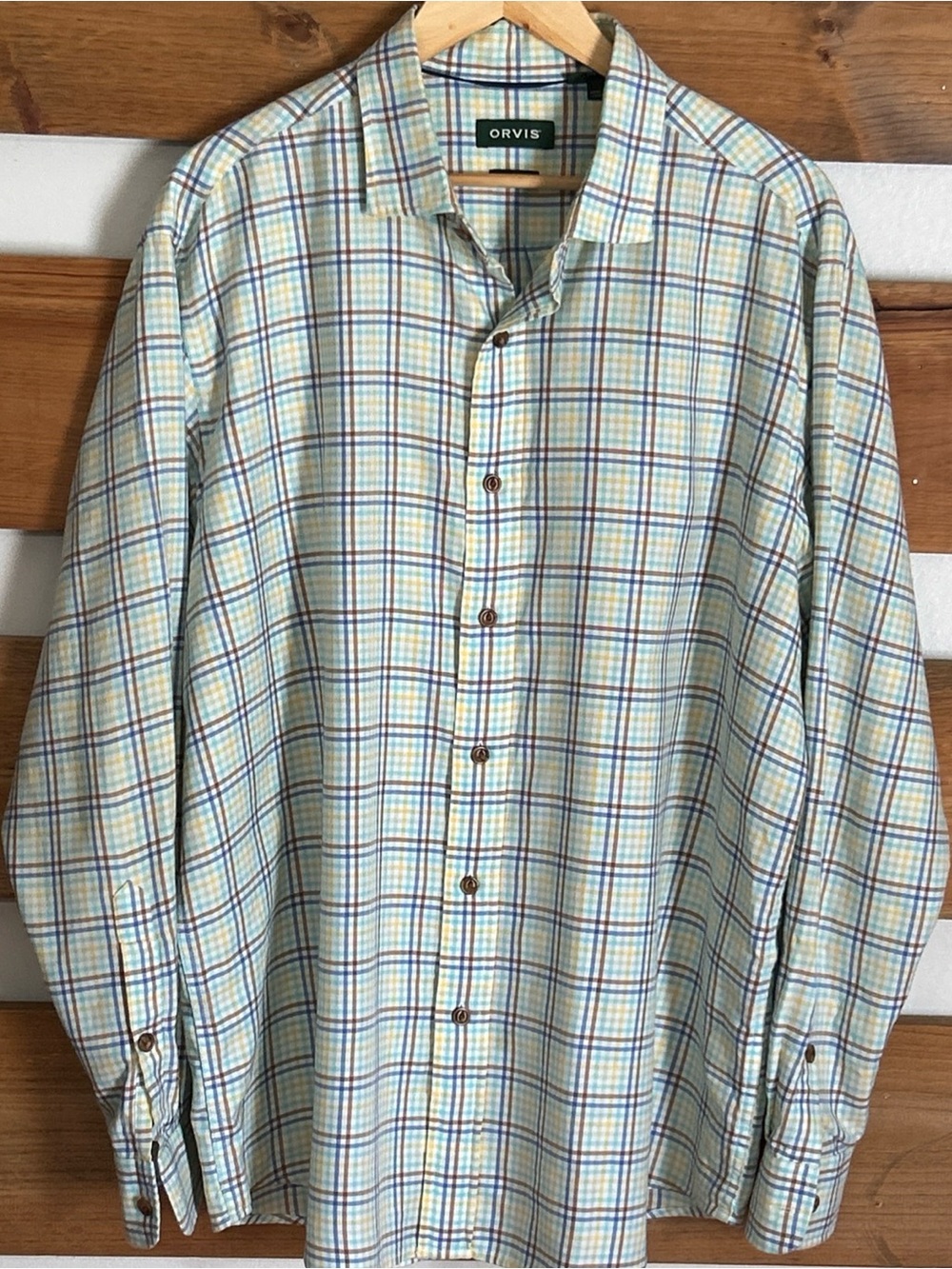 Orvis Active Fit Button Down Square Plaid 100% Cotton Casual Soft Men's Size XL